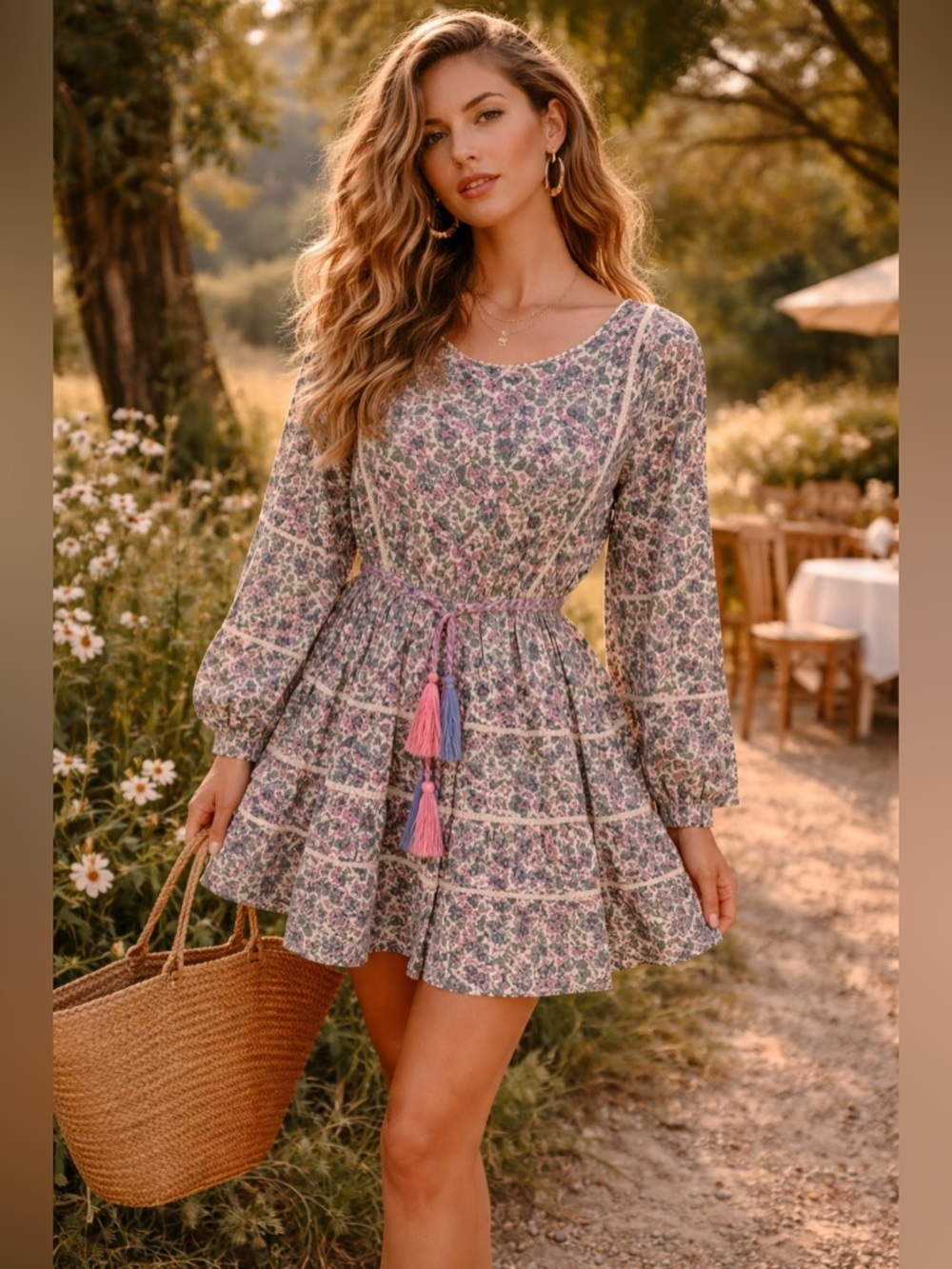 LoveShackFancy Noelle Floral Mini Dress Boho Romantic Size S Tassel Tie